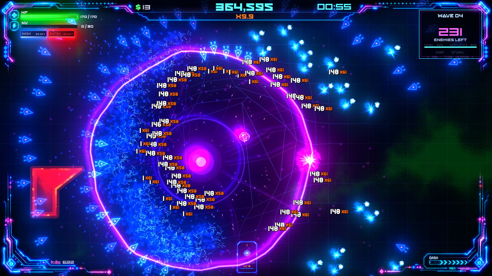 Geometry Rift: Apocalypseのゲーム画面。紫色の衝撃波で青い敵の群れを一掃する様子
