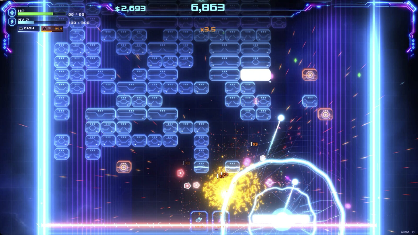 Geometry Rift: Apocalypseのゲーム画面。ブロックが並ぶステージでの戦闘