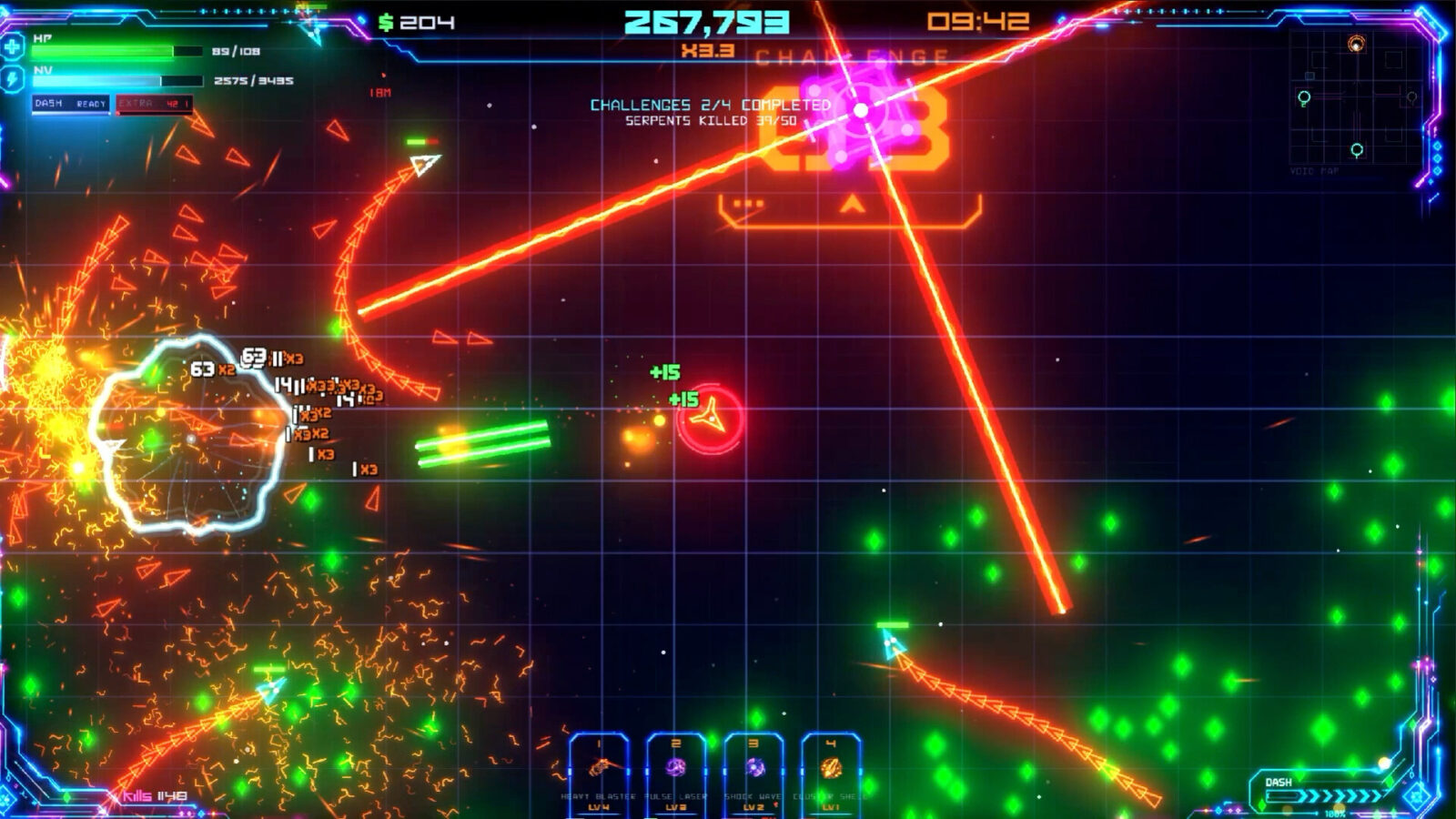 Geometry Rift: Apocalypseのゲーム画面。レーザーが飛び交うチャレンジ中の戦闘